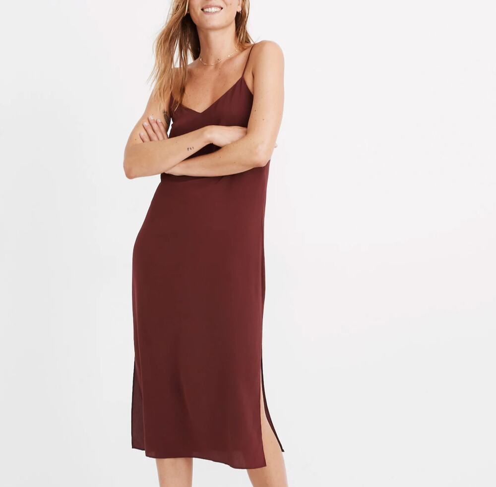 Madewell Size 12 Eva Slip Dress 100% Silk Burgundy Side Slits Midi Washable